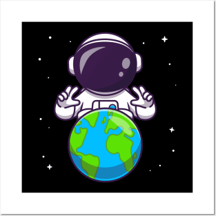 Cute Astronaut With Earth In Space Cartoon Posters and Art